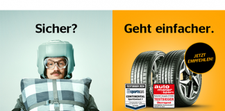 Links ein Mann mit Schutzkleidung und rechts zwei Reifen abgebildet