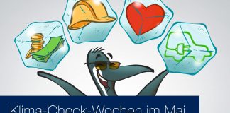 Pinguin mit vier Elementen über dem Kopf haltend ( Herz, Geld, Schutzhelm, E-Auto)