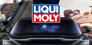 Liqui Moly Logo mit Steinschlagauto im Hintergrund