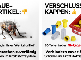 Vergleich zwischen schädlichen Staubpartikeln und schützenden Verschlusskappen für Kraftstoffsysteme, dargestellt mit Fliege und Kappenbox von Metzger Autoteile.