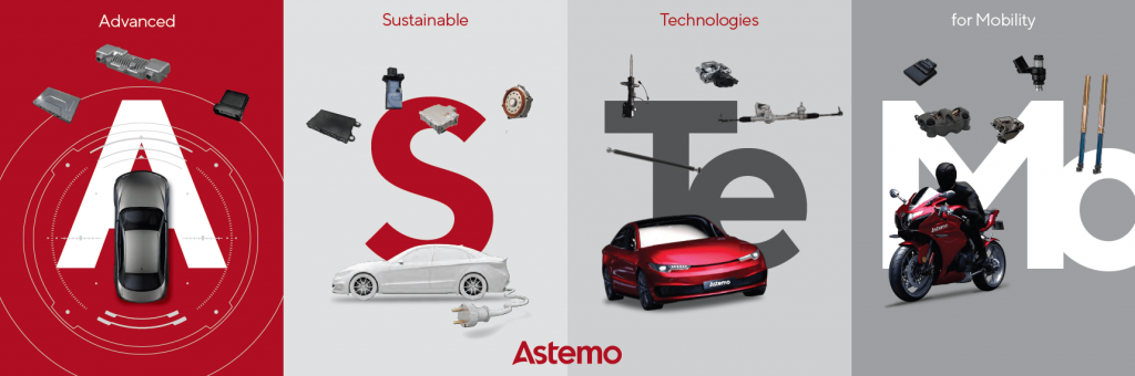 Visualisierung des Markennamens „Astemo“ anhand der Begriffe: Advanced, Sustainable, Technologies for Mobility. Jede Buchstabengruppe (A, S, Te, Mo) wird mit Fahrzeugteilen, Autos oder Motorrädern illustriert.
